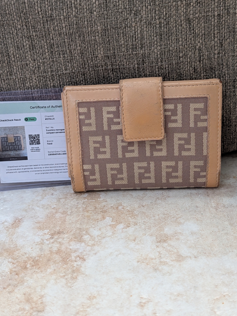 Fendi Zucchino Beige Monogram Compact Canvas Wallet w COA EUC